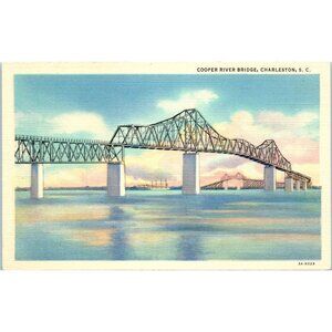 Postcard Vtg Cooper River Bridge Charleston South Carolina white border Linen